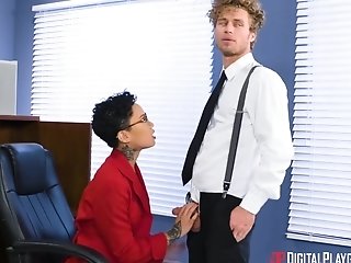 Youthful Curly Clerk Fucks Bossy Bitch Honey Gold Right On The Table